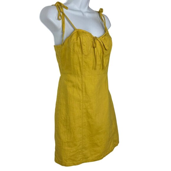Yellow Linen Tie Front Mini Dress Small Adjustable Spaghetti Straps Bustier - Picture 3 of 9